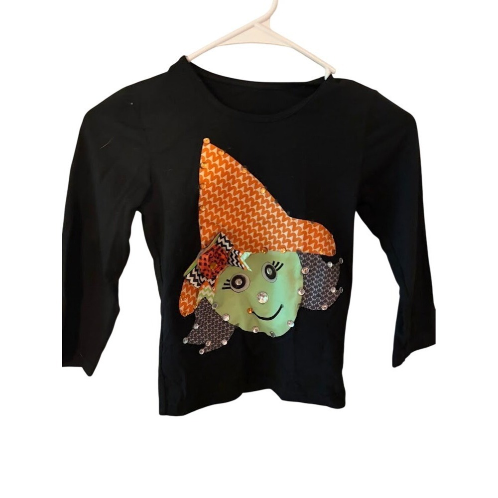 Halloween Witch Applique Long Sleeve Shirt Black Orange Green Kids XL E0197